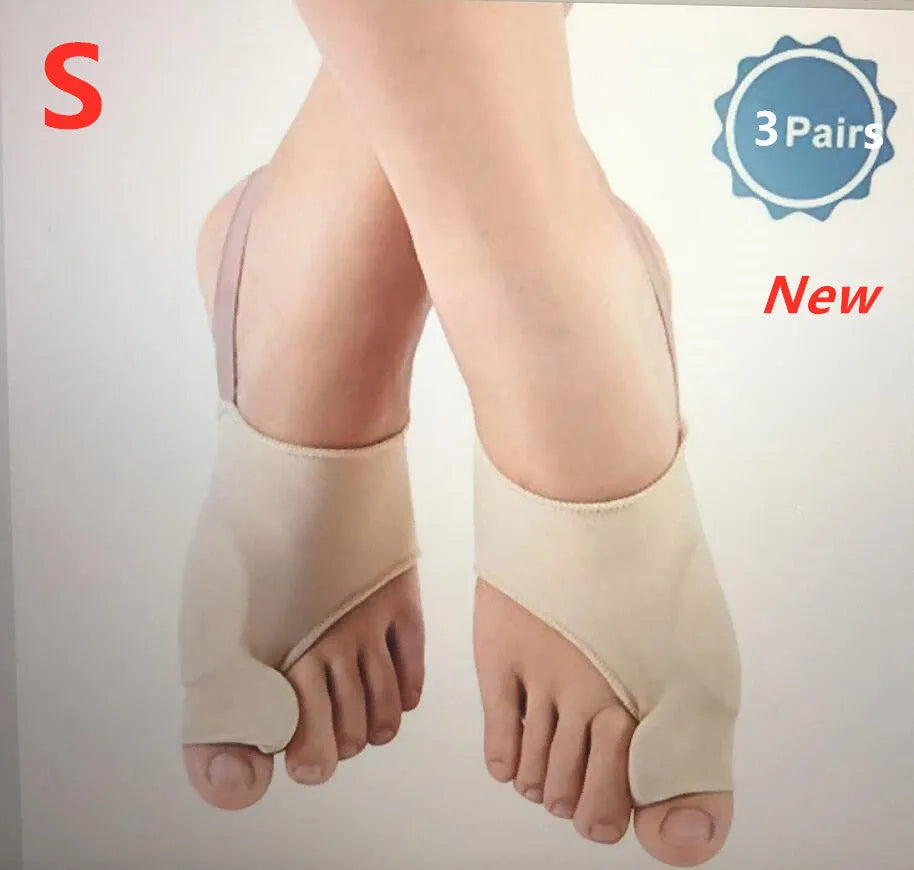 Corrective bunion relief socks with silicone gel pad and toe spacer in sizes S, M, L.