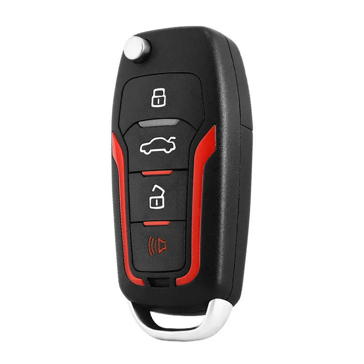 Red and frosted black car alarm system with remote controls showing 3000m range and 115dB siren specifications