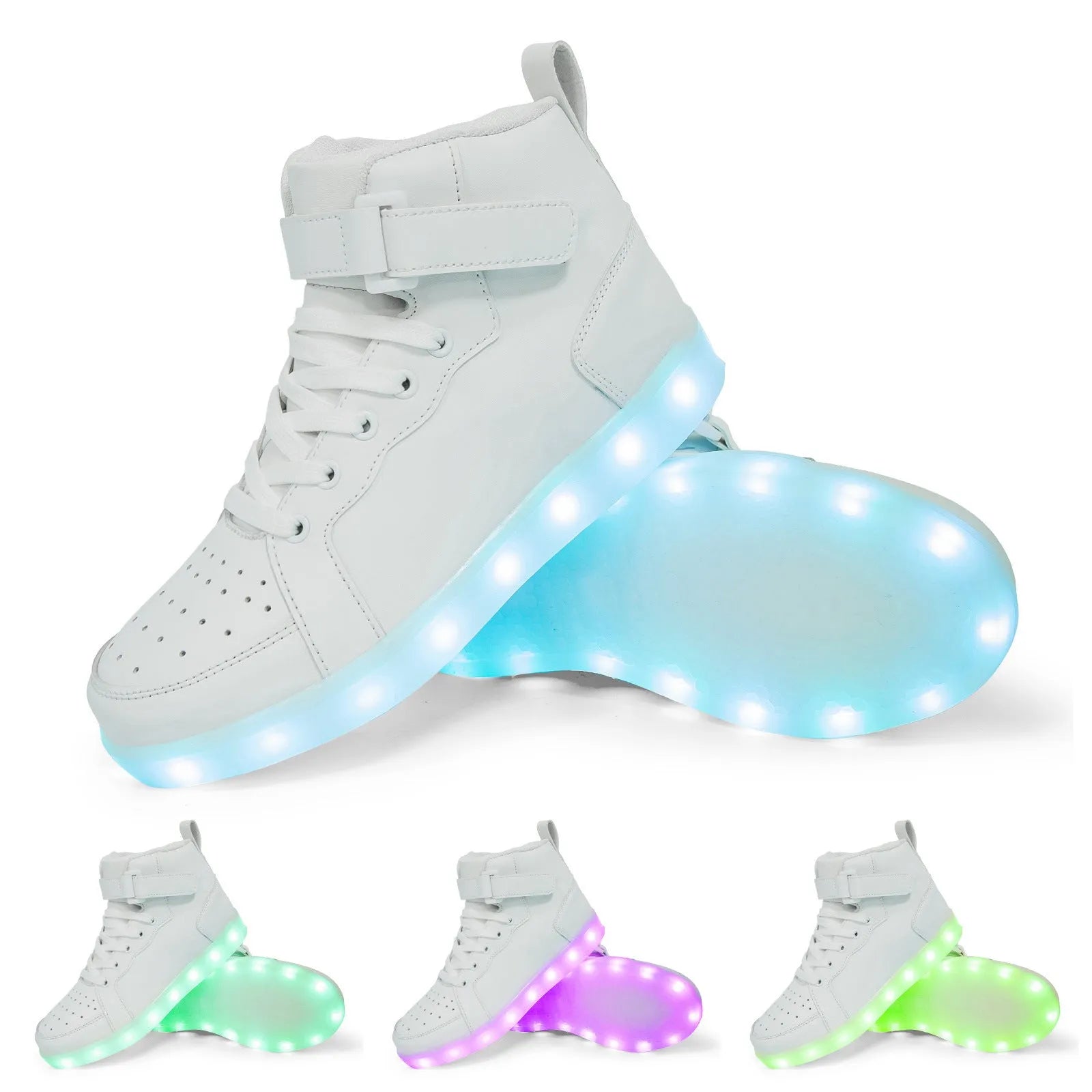 LED high-top board shoes with rechargeable lighting in black colour showing Velcro fastening