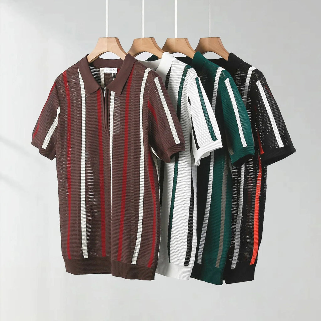 Men's black mesh polo shirt with chest zipper detail on hanger