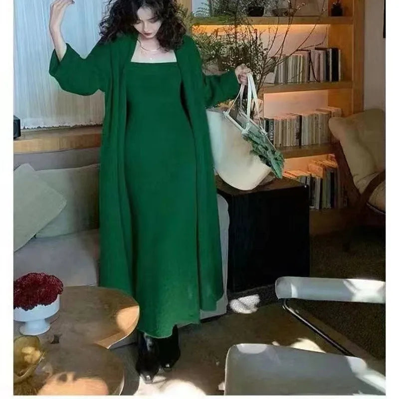Women's gray knitted cardigan dress suit set with matching coat and flocking detail