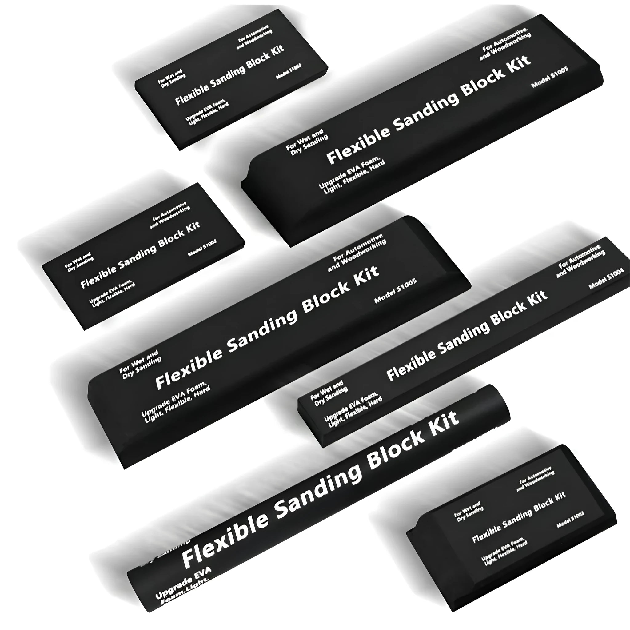 Set of seven black EVA frosted blocks for metal polishing and surface texturing.