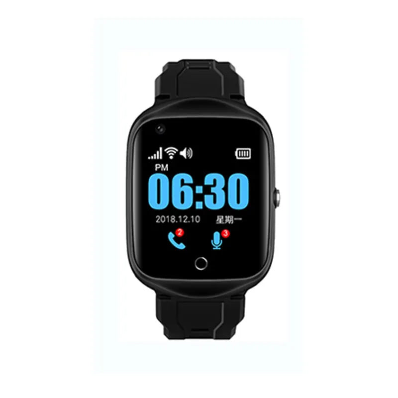 Square dial phone watch for elderly with silicone strap and 1.3-inch screen in black, blue or silver colours