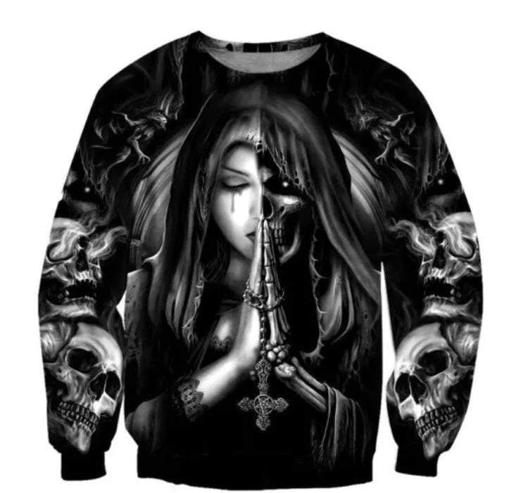 Hooded sweatshirt with 3D Halloween skull anime graphic in multiple colour options