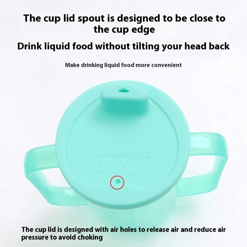 Oblique mouth choke-proof plastic drinking cup with handle and optional wrist splint for elderly adults.