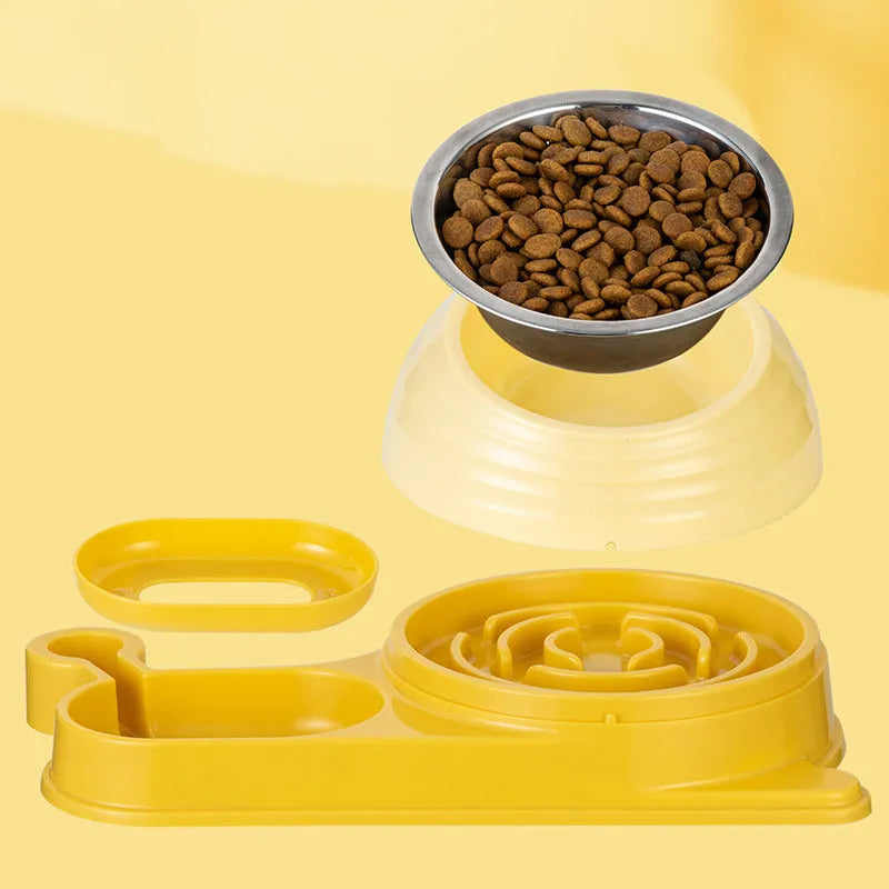 Brown elevated cat food bowl with integrated water dispenser bottle for automatic feeding