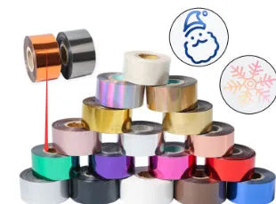 A roll of hot foil stamping paper showing metallic gold finish, with width options of 3cm and 5cm on a 120m long roll.
