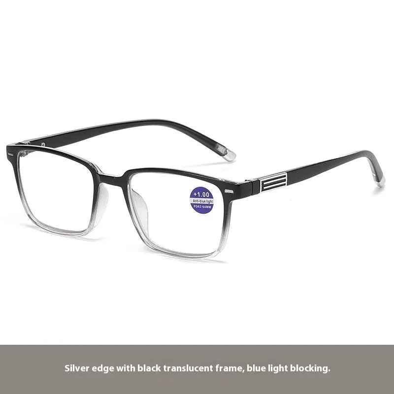 Anti blue light multifocal reading glasses with colour changing lenses in a black and gold frame style.