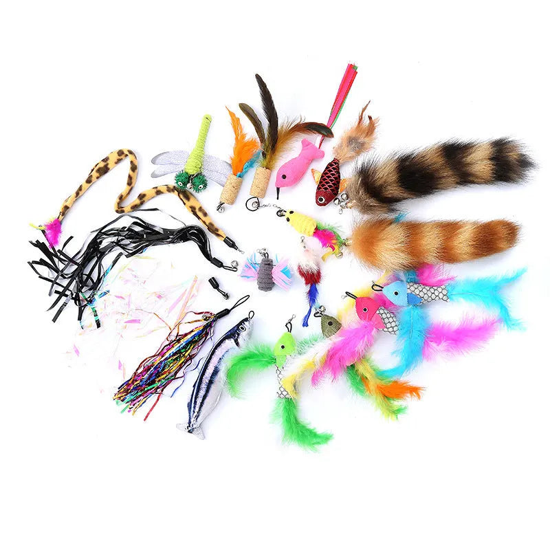 Cat toy fishing rod set with feather attachments and ten replacement heads
