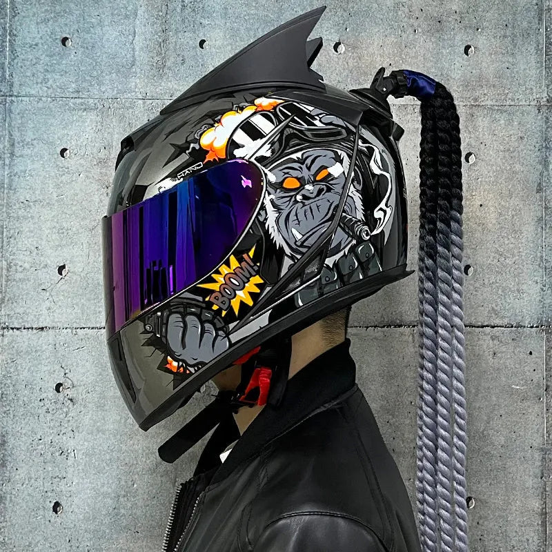 Dirty Braids design full face motorcycle helmet in graphic style like Blue Diamond on ABS shell.