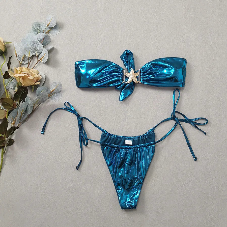 Glossy sapphire blue tube top split bikini for women with starfish pattern, showing backless design.