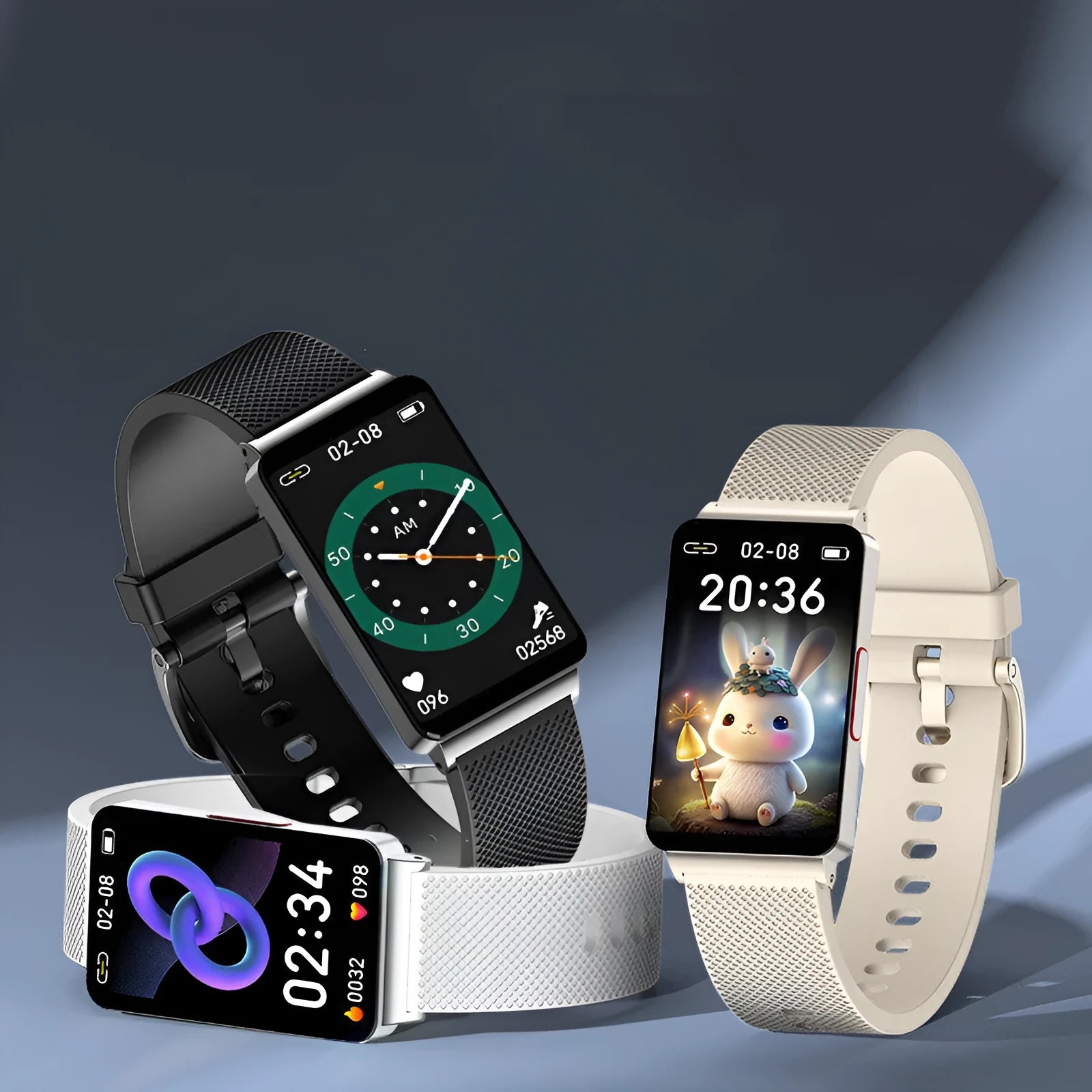 EP08 smart health bracelet showing touch interface and magnetic USB charging connector