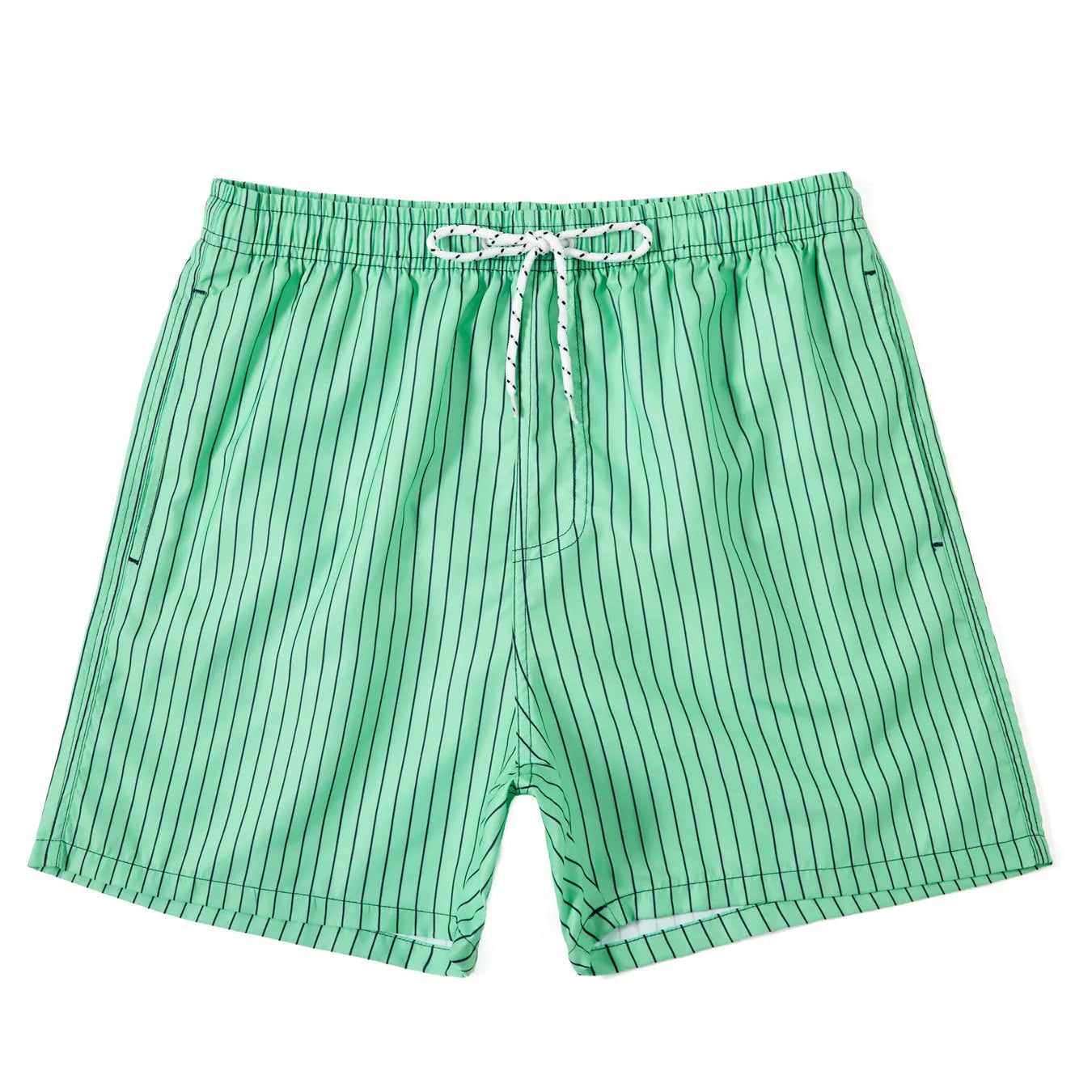 Navy blue and grey striped beach shorts with a straight leg opening on a mannequin.