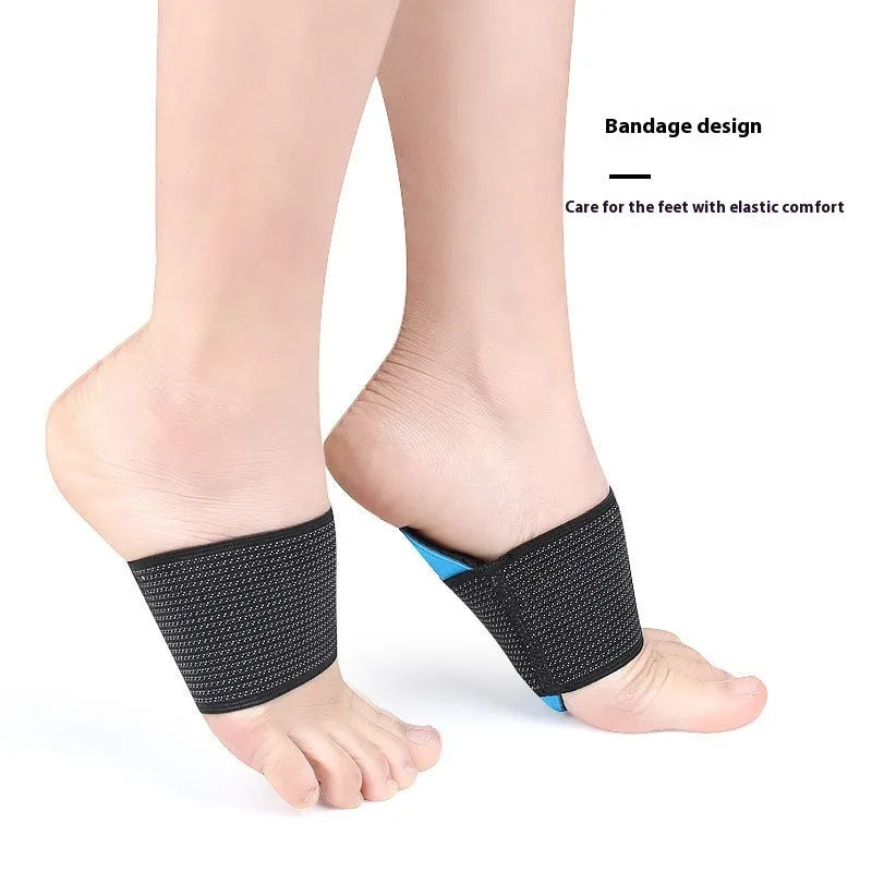 Blue elastic bandage foot pad with arch support for flat feet relief in Adult and Children sizes