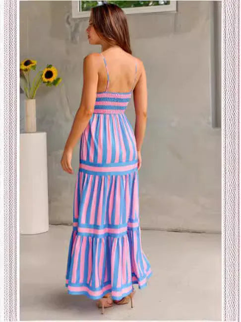Women's long striped summer dress with suspenders, a square neckline, backless design, and side pockets.