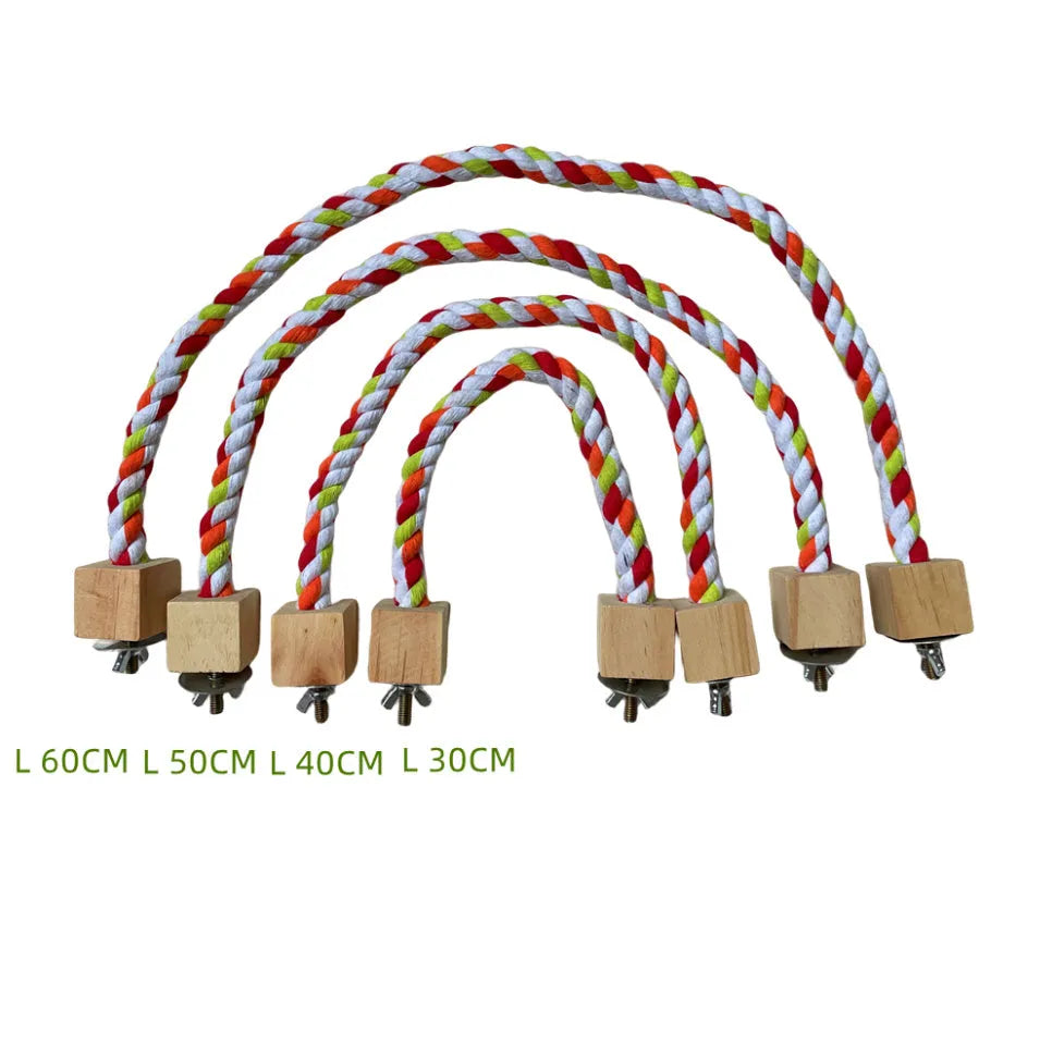 Parrot climbing rope toy with swing rings in wooden material on white background