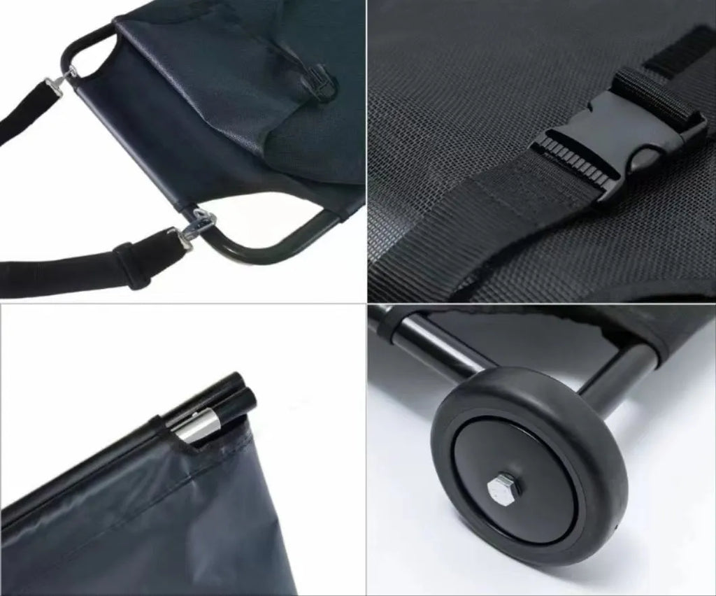 Black foldable aluminium alloy pet stretcher for large dogs, shown in emergency transport use.