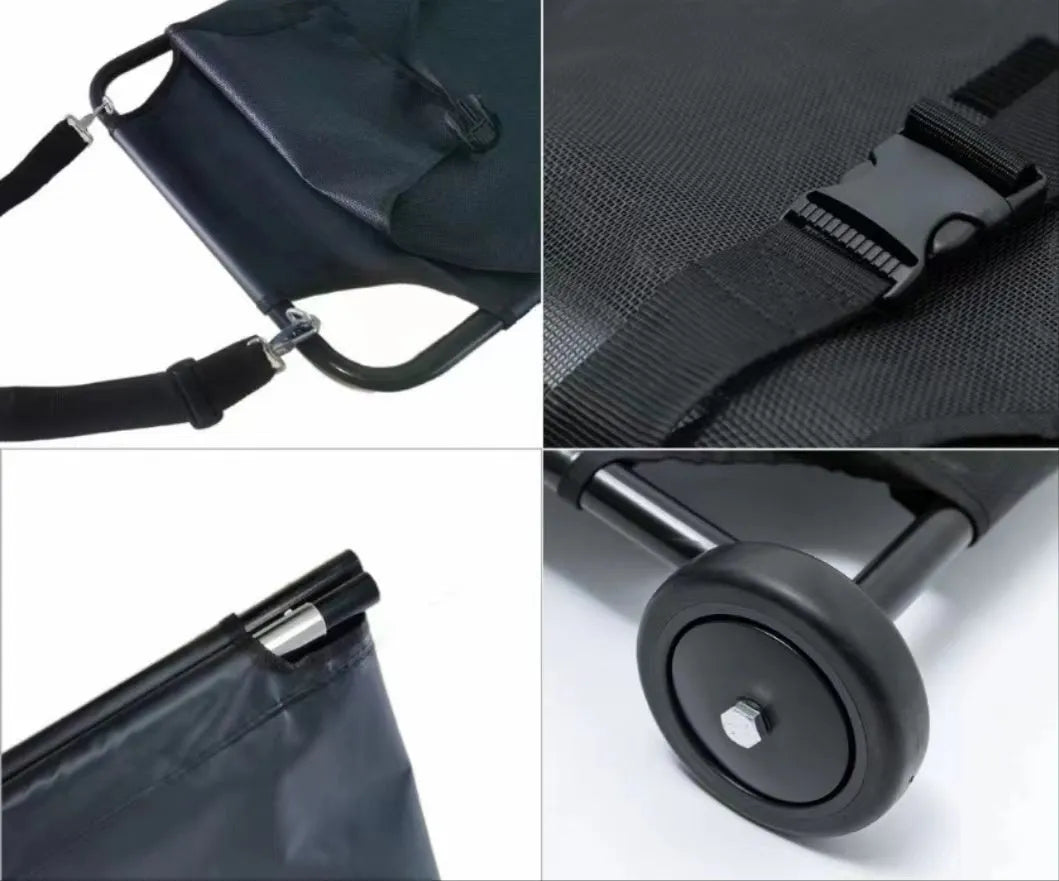 Black foldable aluminium alloy pet stretcher for large dogs, shown in emergency transport use.