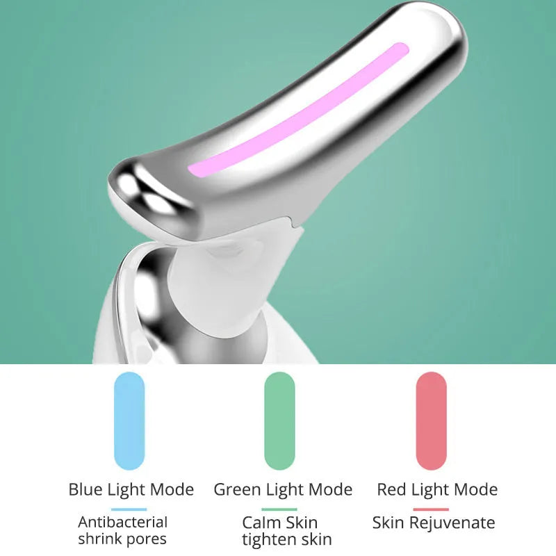 White EMS thermal neck lifting massager device with LED lights on a stand with USB cable
