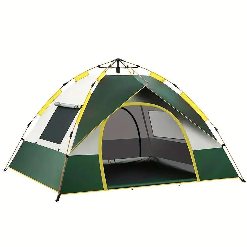 Dark green three to four person automatic quick-open camping tent with storage bag and accessories.
