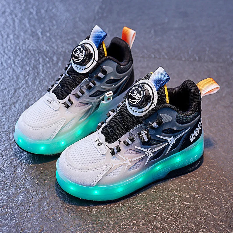 Blue children's roller skates with a flash stripe pattern and a large rotating adjustment knob on the side.