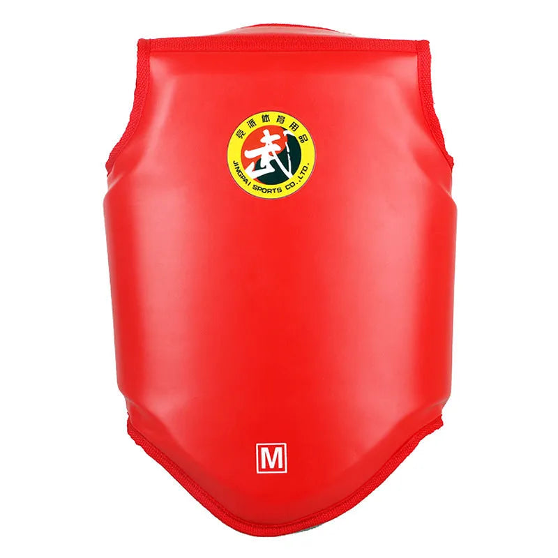 Red boxing helmet and matching one-piece chest protector set for training