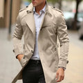 Men's mid-length lapel casual jacket in army green colour with side seam pockets.