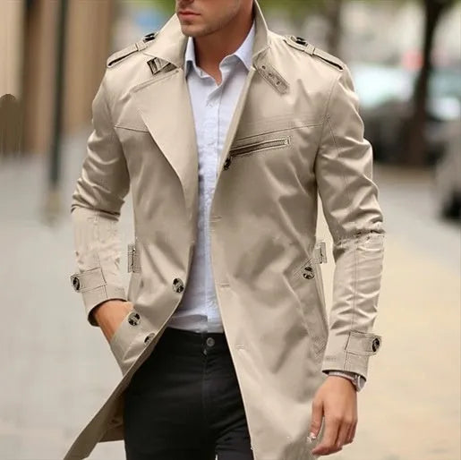 Men's mid-length lapel casual jacket in army green colour with side seam pockets.