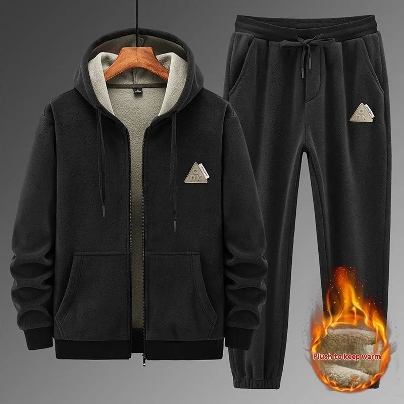 Men's grey cashmere hooded sweater and cotton pants casual sports suit set on hanger