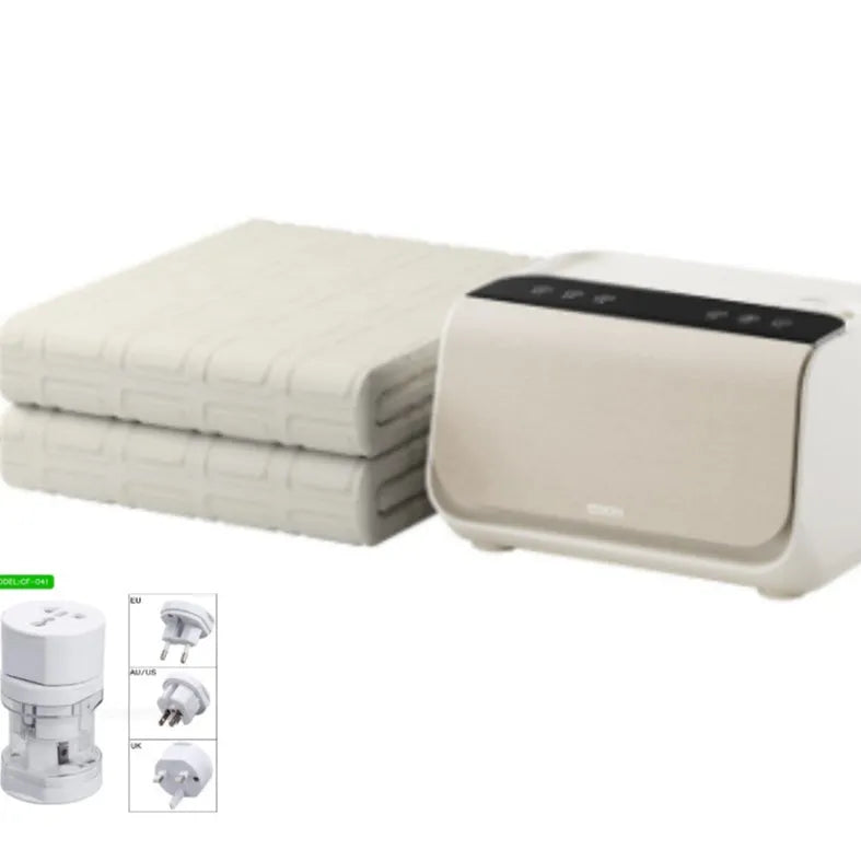 White electric water blanket with smart control host showing two size options for bed or seating heating