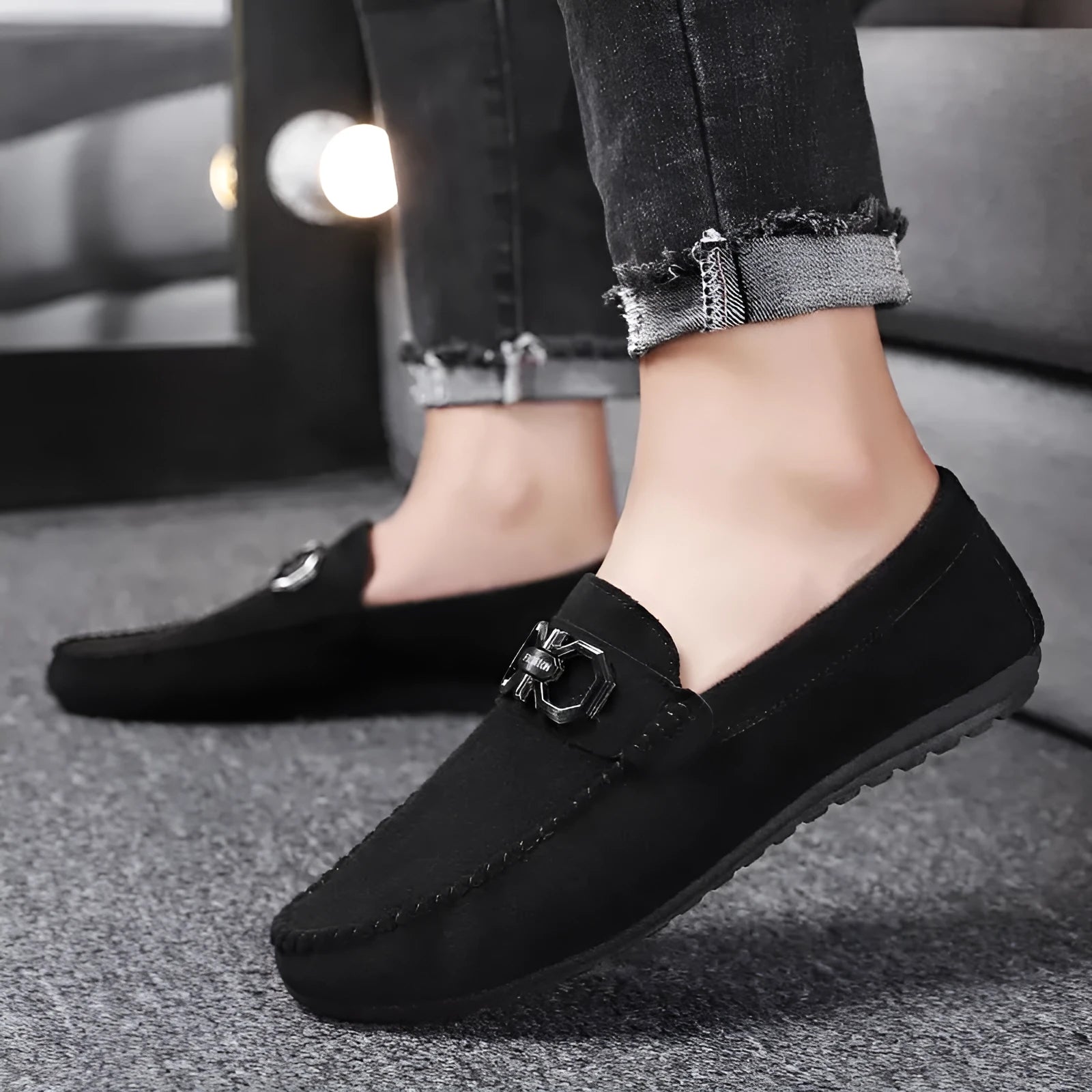 Men's black and grey suede casual shoes with rubber soles showing breathable summer design