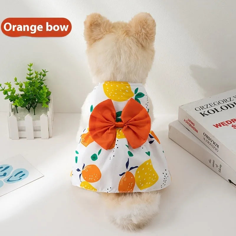Ultra-thin summer pet dress with floral butterfly knot at neck in multiple bow colour options