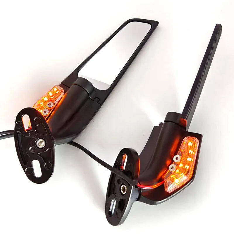 Pair of motorcycle rearview mirrors with yellow running lights and a convex lens, made from aluminium alloy.