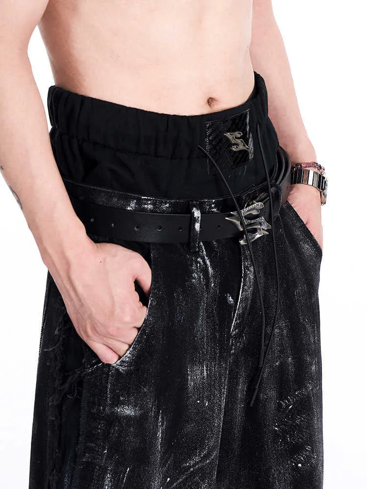 Black two-layer cowhide leather men's belt with metal letter buckle, shown at 110cm length.
