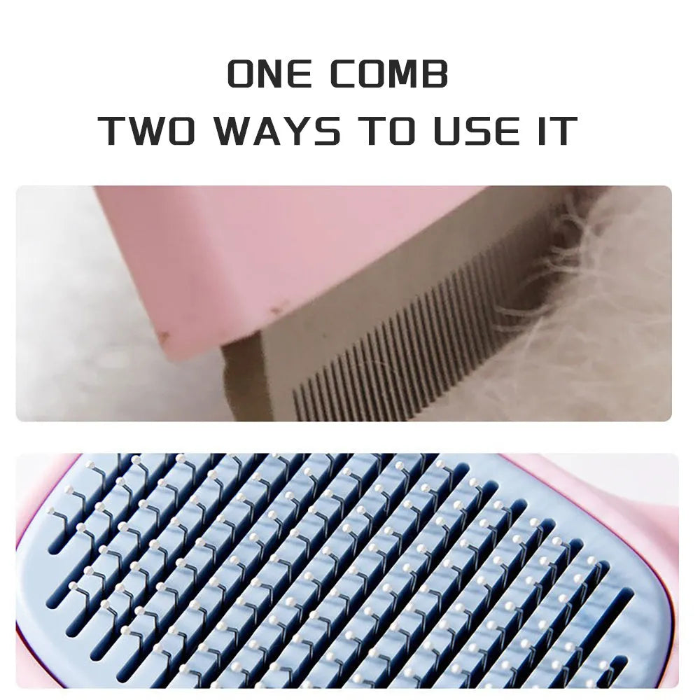 Blue and green double-sided pet grooming brush for deshedding and dematting cats and large dogs.