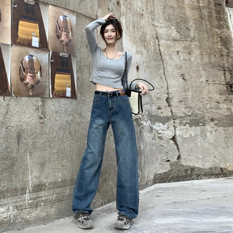 Women's straight-leg jeans in retro blue with high waist design and classic denim construction