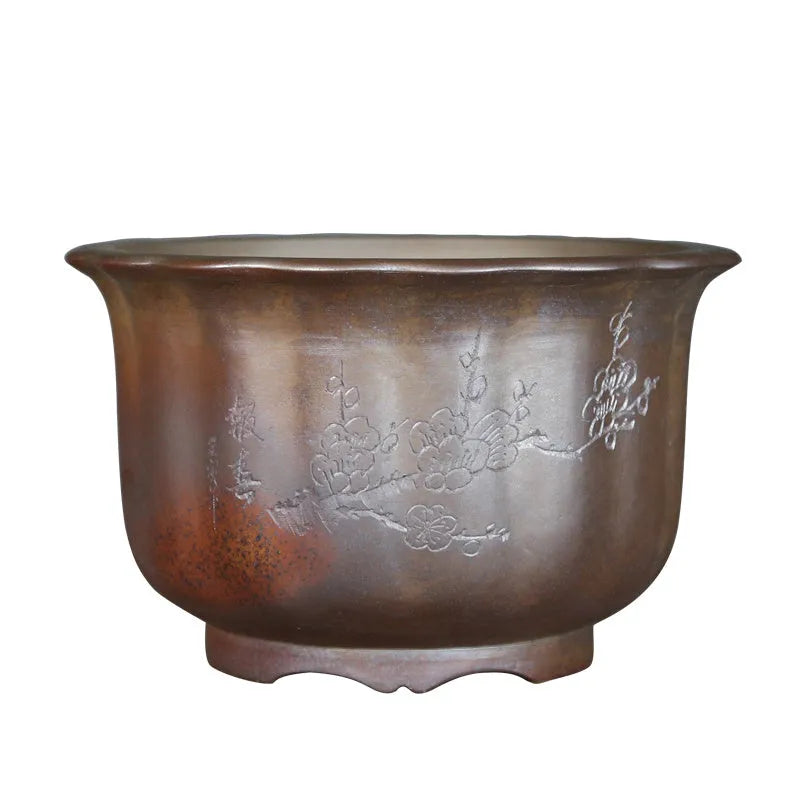 Purple sand ceramic flower pot with antique carved wood burning texture for indoor plants