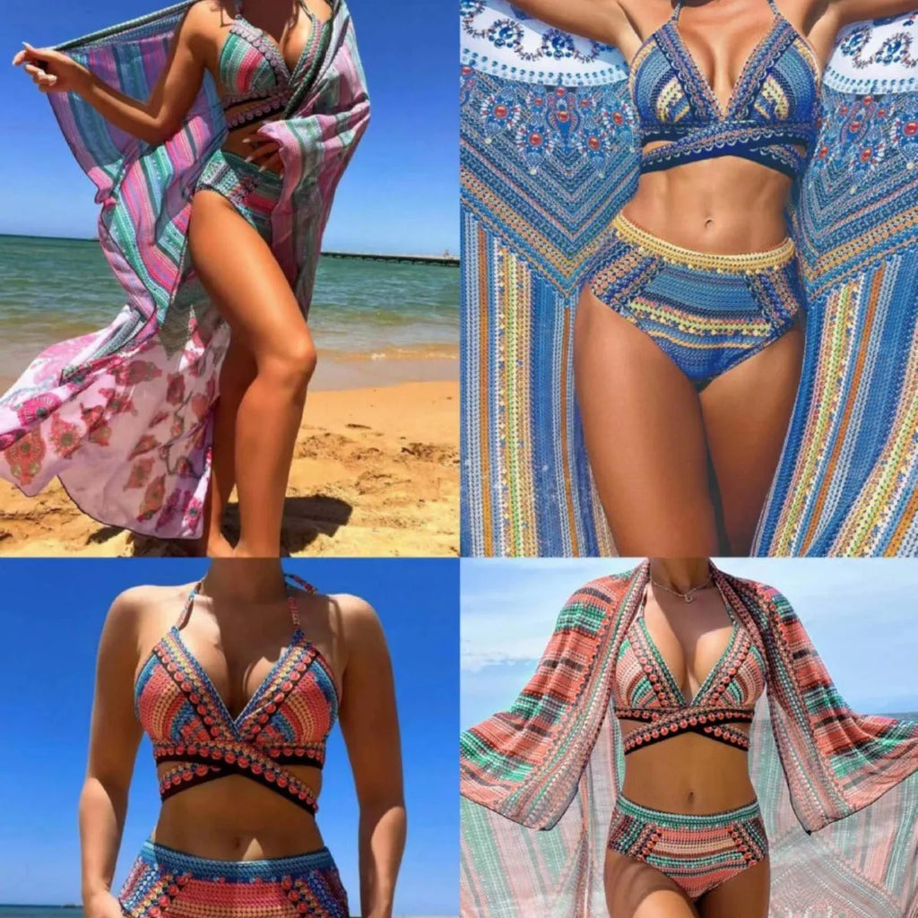 Women's blue cross bandage swimsuit three-piece set showing smock, bra, and high-waist panties