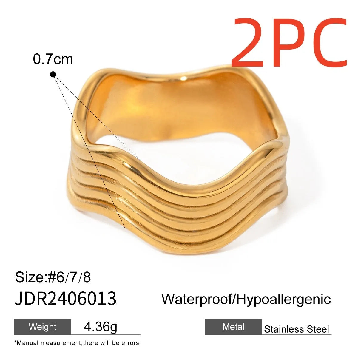Stainless steel women's ring with a wide geometric wave surface design in a silver or gold finish.