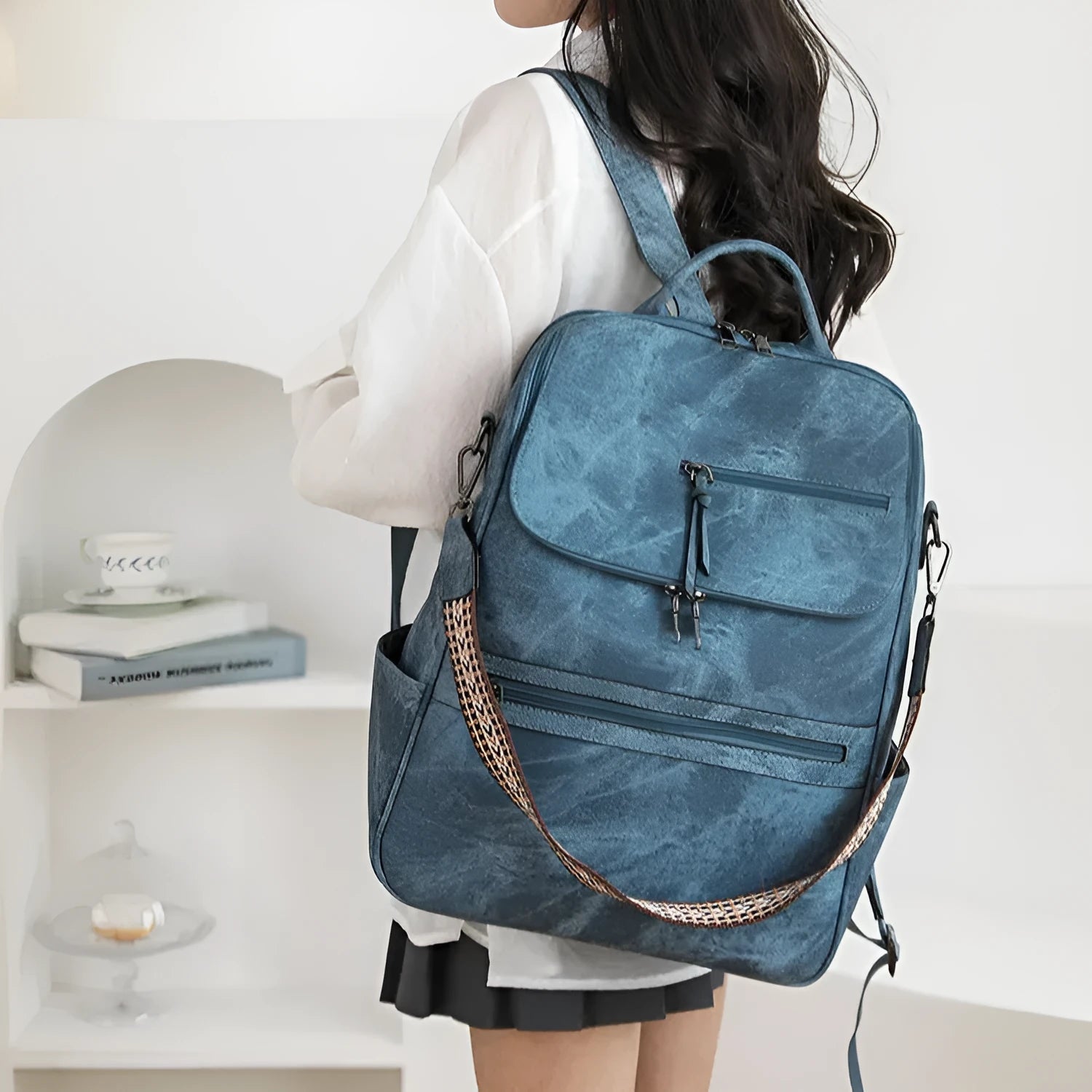 Retro PU college backpack with curved shoulder straps in multiple colour options