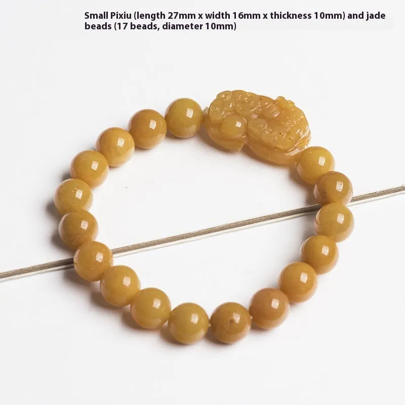 Jade money bracelet showing carved Jinsi Jade stone with beads in Golden Thread Jade colour