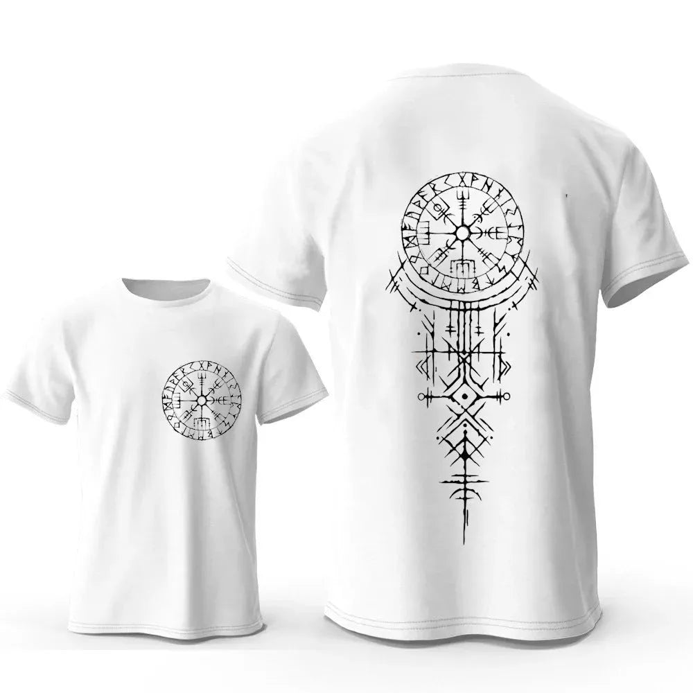 Man wearing a black cotton T-shirt with a detailed white Viking rune compass graphic on the chest.