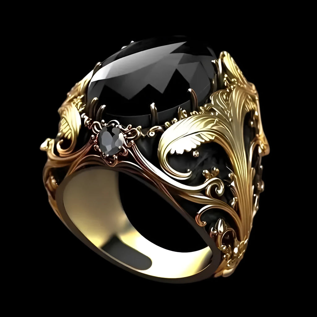 Silver geometric men's wide face ring with imitation ink colour gem and moonstone ornament