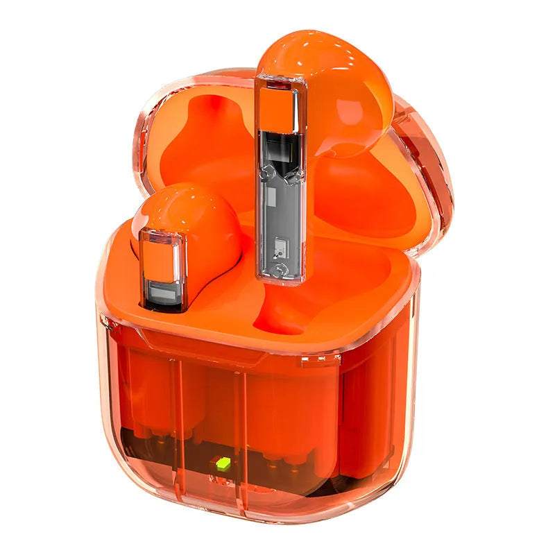 YX06 wireless TWS headphones with transparent casing in black, white, green, or orange colours