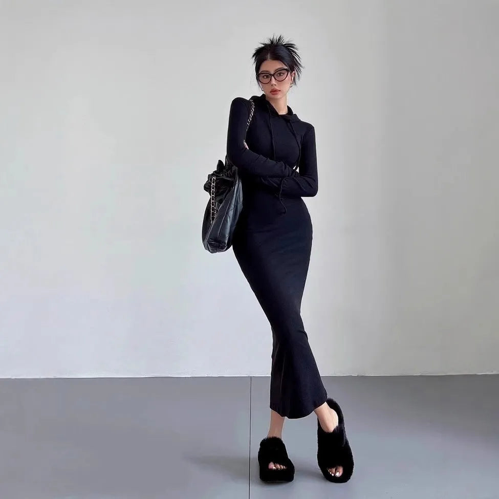 Women's grey hooded long sleeve sheath dress with a high waist and over-the-knee length.