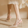 Apricot women's high-heeled sandals with buckle toe strap and 6cm heel on light background