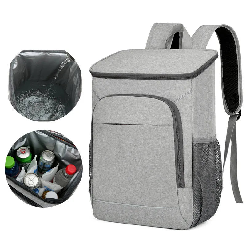 Large outdoor thermal picnic backpack in grey-orange colour with curved shoulder straps and compartments.
