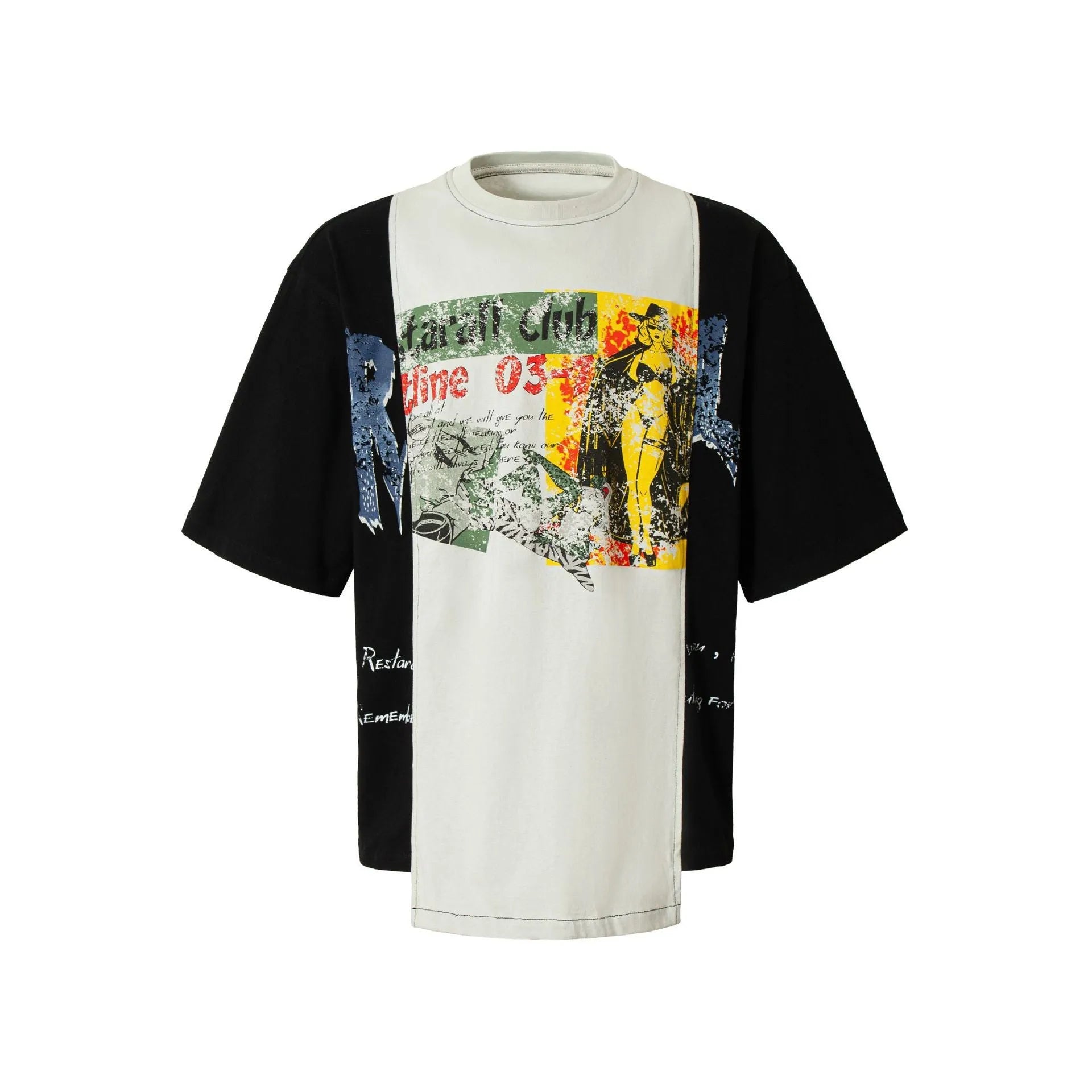 Black and white broken collage deconstruction print on a men's loose fit cotton blend t-shirt.