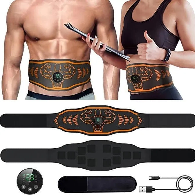 Blue and orange smart EMS massage belt set with rechargeable host and arm stickers
