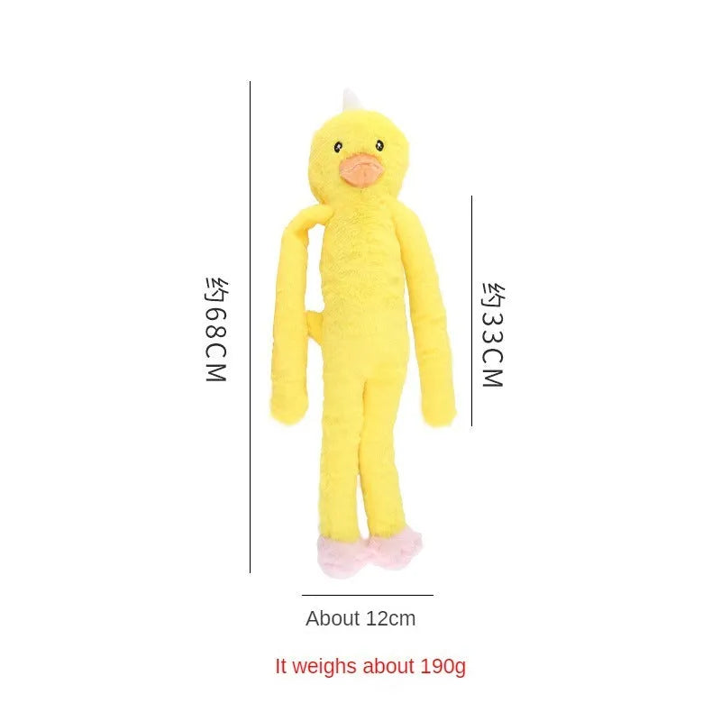 Large pink and yellow plush dog toy with squeaker and crinkle sounds for golden retriever sized breeds